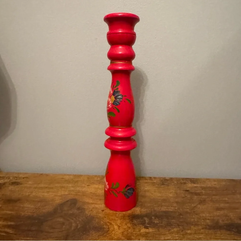 Vintage Tall Hand Painted Red Wooden‎ Pepper Mill Floral Folk Art Grinder